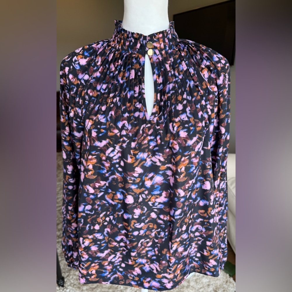Marie Oliver Arden Pleated Mock Neck Keyhole Blouse Black Abstract Multicolor NW